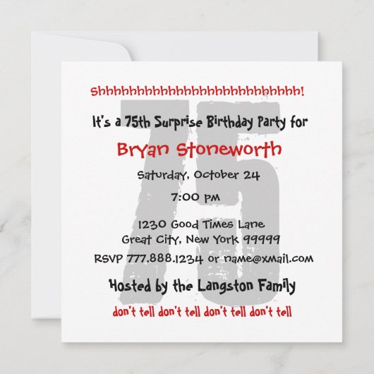 75回目のサプライズ·バースデー·パーティー、白黒 招待状 (裏面)