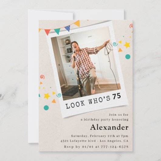 75歳おもしろいの誕生日招待状メンズおもしろい写真 招待状 (正面)