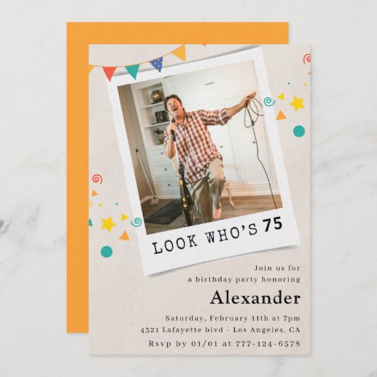 75歳おもしろいの誕生日招待状メンズおもしろい写真 招待状 (正面/裏面)