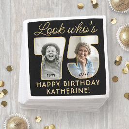 75歳お誕生日おめでとう ブラック&ゴールド 写真2枚入り スタンダードカクテルナプキン