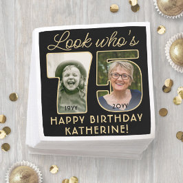75歳のお誕生日おめでとう ブラック＆ゴールドのフォト2枚 記念日グッズ スタンダードカクテルナプキン