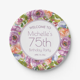 75歳の誕生日おめでとう パープルオレンジの花 ペーパープレート