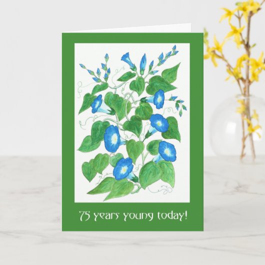 75歳の誕生日おめでとう ブルーの朝顔のお花 カード (黄色い花)