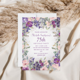 75歳の誕生日お祝いパープル+ピンクの花と葉 招待状