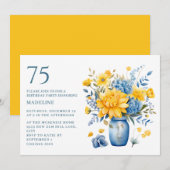 75歳の誕生日お祝い用黄青の花の花瓶 招待状 (正面/裏面)
