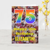 75歳の誕生日お祝い; 田舎風の秋の葉; 虹色の"75" カード (黄色い花)