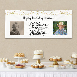 75歳の誕生日を祝うストリングライトとレトロな2枚の写真バナー 横断幕