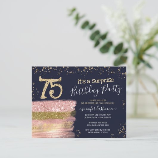 75歳の誕生日グリッターケーキサプライズパーティーポストカード ポストカード (スタンド正面)
