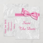 75歳の誕生日ダマスク柄とフェイクリボンのSave The Date 案内ポストカード (正面/裏面)