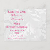 75歳の誕生日ダマスク柄とフェイクリボンのSave The Date 案内ポストカード (裏面)