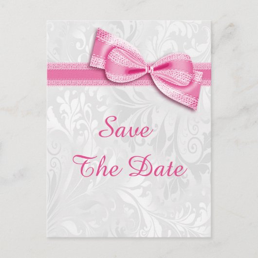 75歳の誕生日ダマスク柄とフェイクリボンのSave The Date 案内ポストカード (正面)