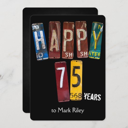 75歳の誕生日パーティーの古いライセンスプレート 招待状 (正面/裏面)