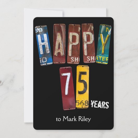 75歳の誕生日パーティーの古いライセンスプレート 招待状 (正面)