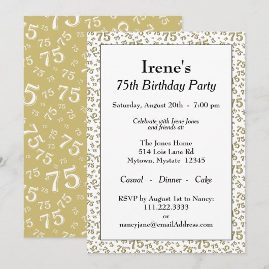 75歳の誕生日パーティー ゴールドとホワイトのナンバーパターン 招待状 (正面/裏面)