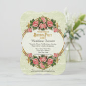 75歳の誕生日パーティー ゴールドグリッター ヴィンテージローズ 招待状 (スタンド正面)