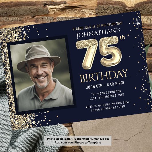 75歳の誕生日パーティー ゴールドラメ ブルー 写真 招待状
