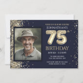 75歳の誕生日パーティー ゴールドラメ ブルー 写真 招待状 (正面)