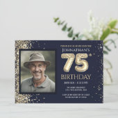75歳の誕生日パーティー ゴールドラメ ブルー 写真 招待状 (スタンド正面)