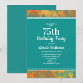 75歳の誕生日パーティー ティール+オレンジ 花柄 招待状 (正面/裏面)