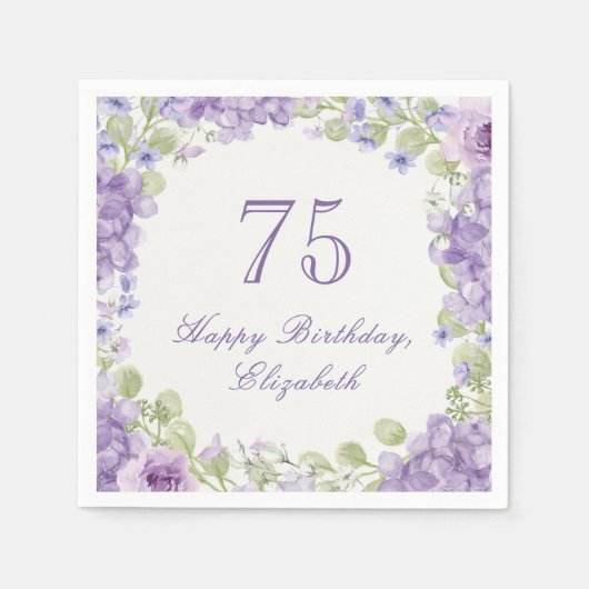 75歳の誕生日パーティー ナプキン 高級感のある紫の花 スタンダードカクテルナプキン (正面)