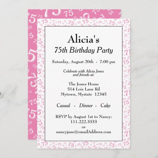 75歳の誕生日パーティー ピンクと白のナンバーパターン 招待状 (正面/裏面)