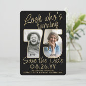 75歳の誕生日パーティー ブラック＆ゴールド 2枚の写真 セーブザデート (スタンド正面)