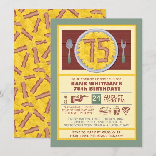 75歳の誕生日パーティー メンズ 面白い バコンと卵 テーマ 招待状 (正面/裏面)