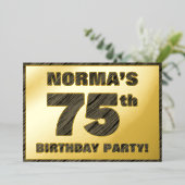 75歳の誕生日パーティー - 太字のフェイク木目テクスチャ 箔招待状 (立ち正面)