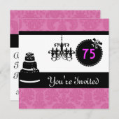 75歳の誕生日パーティー、白黒とピンクのダマスクイン 招待状 (正面/裏面)