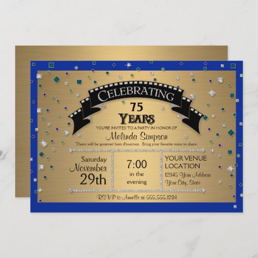 75歳の誕生日パーティ祝フェイクーの宝石紙吹雪 招待状 (正面/裏面)