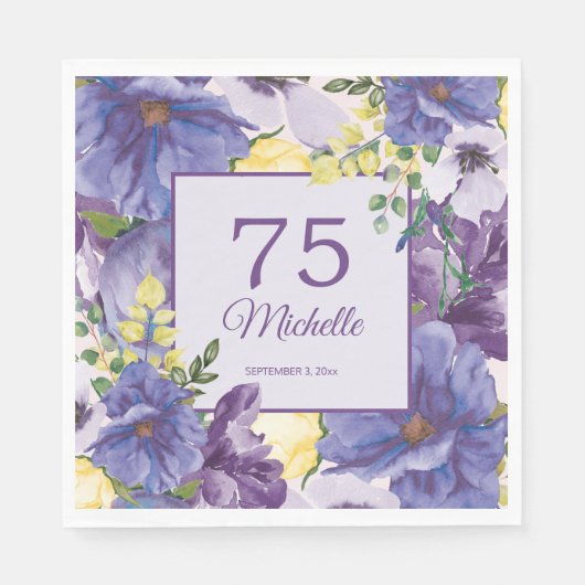 75歳の誕生日パープル+イエロー水彩花 スタンダードランチョンナプキン (正面)