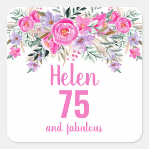 75歳の誕生日ピンクの水彩フローラクラシック スクエアシール