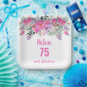 75歳の誕生日ピンクの水彩フローラ ペーパープレート (パーティー)