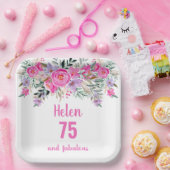 75歳の誕生日ピンクの水彩フローラ ペーパープレート (パーティー)