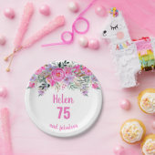 75歳の誕生日ピンクの水彩フローラ ペーパープレート (パーティー)