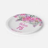 75歳の誕生日ピンクの水彩フローラ ペーパープレート (アングル)