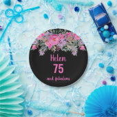 75歳の誕生日ピンクの黒い水色フローラ ペーパープレート (パーティー)