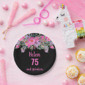 75歳の誕生日ピンクの黒い水色フローラ ペーパープレート (パーティー)