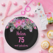 75歳の誕生日ピンクの黒い水色フローラ ペーパープレート (パーティー)