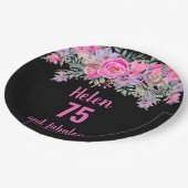 75歳の誕生日ピンクの黒い水色フローラ ペーパープレート (アングル)