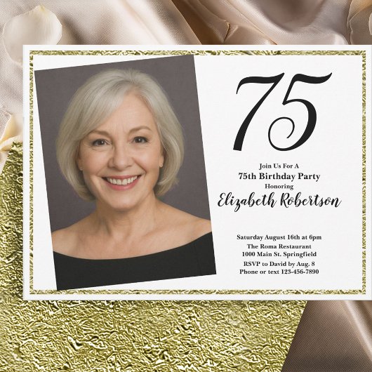 75歳の誕生日フォトギフト 白とゴールド 招待状