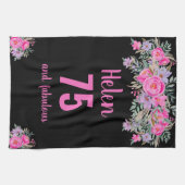 75歳の誕生日ブラックピンクのフローラ ユニーク キッチンタオル (横)