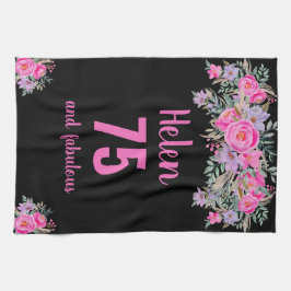 75歳の誕生日ブラックピンクのフローラ ユニーク キッチンタオル