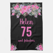 75歳の誕生日ブラックピンクのフローラ ユニーク キッチンタオル (縦)