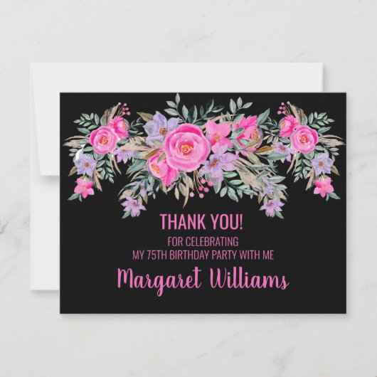 75歳の誕生日ブラックピンクフローラ サンキューカード (正面)