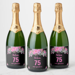 75歳の誕生日ブラックピンクフローラ スパークリングワインラベル