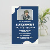 75歳の誕生日招待状メンズ写真シンプルネイビー 招待状 (スタンド正面)