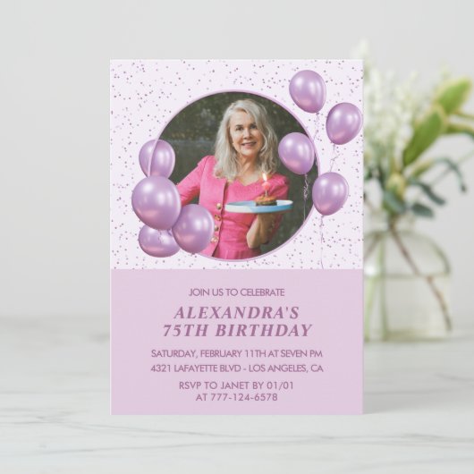 75歳の誕生日招待状風船フォトパープル 招待状 (スタンド正面)