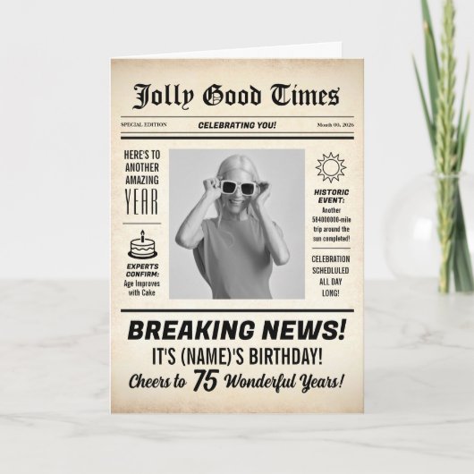 75歳の誕生日新聞、写真追加、パーソナライズ カード (正面)
