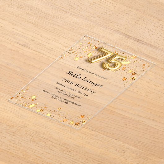 75歳の誕生日金ゴールド澄ん アクリル招待状 (レイダウン)